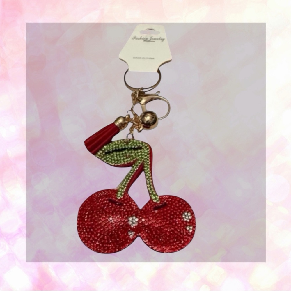 🦄Bling Rhinestone Cherries Puffy Tassel Bag Charm/Keychain!